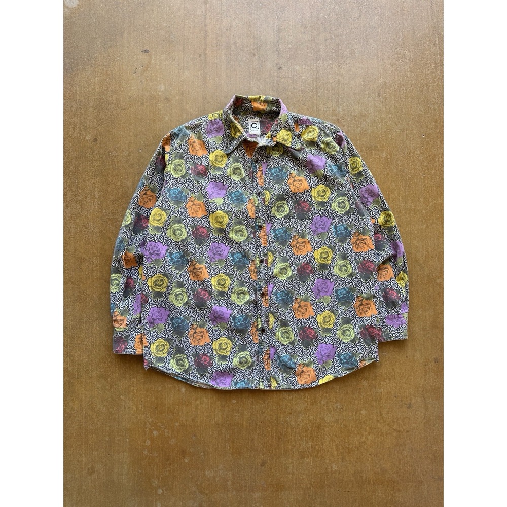 VTG 80s Psychedelic Floral Pop Art Roses Disco Button Up Shirt Abstract (L)
